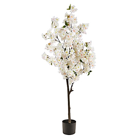 Nearly Natural Cherry Blossom 60”H Artificial Tree With Planter, 60”H x 24”W x 12”D, White/Black