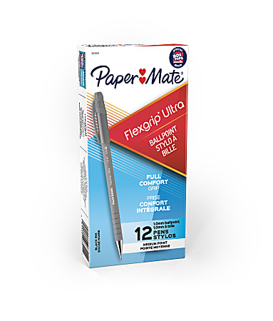 Paper Mate® FlexGrip Ultra™ Ballpoint Pens, Medium Point, 1.0 mm, 42% Recycled, Gray Barrel, Black Ink, Pack Of 12