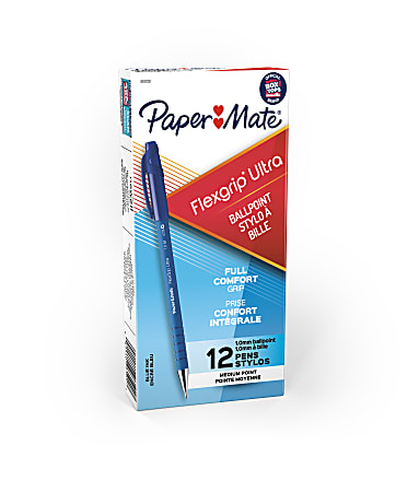 Paper Mate® FlexGrip Ultra™ Ballpoint Pens, Medium Point, 1.0 mm, 42% Recycled, Blue Barrel, Blue Ink, Pack Of 12