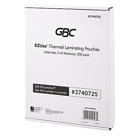 GBC® EZUse™ Thermal Laminating Pouches, 3 mils, 8 1/2" x 11", Clear, Pack Of 200, 3740725