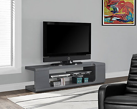 Monarch Specialties Glossy TV Stand For TVs Up To 60", 16"H x 60"W x 16"D, Gray