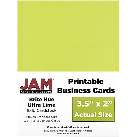JAM Paper® Printable Business Cards, 3 1/2" x 2", Lime Green, 10 Cards Per Sheet, Pack Of 10 Sheets