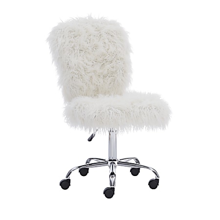 Linon Aria Faux Fur Mid-Back Home Office Chair, Armless, White/Chrome