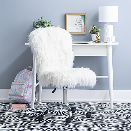 Linon Aria Faux Fur Mid Back Home Office Chair Armless WhiteChrome