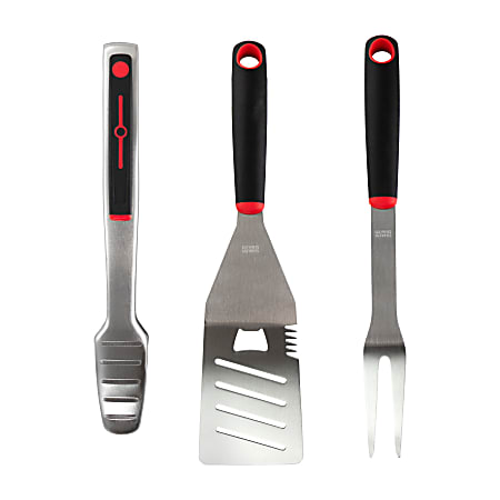 Gibson Home Huckleberry 3-Piece Stainless Steel BBQ Tool Set, Black/Red
