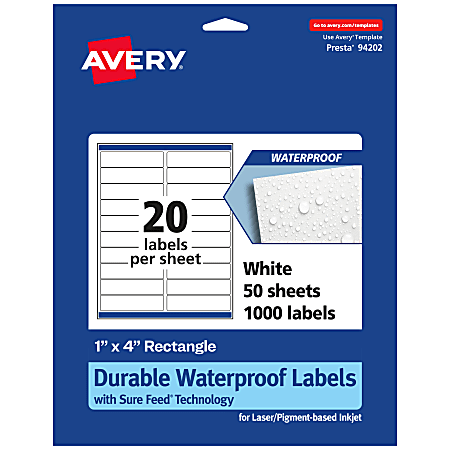 Avery® Waterproof Permanent Labels With Sure Feed®, 94202-WMF50, Rectangle, 1" x 4", White, Pack Of 1,000