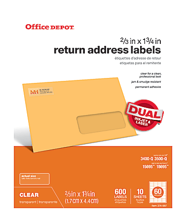 Office Depot® Brand Clear Inkjet/Laser Address Labels, 505-O004-0024, 2/3" x 1 3/4", Pack Of 600
