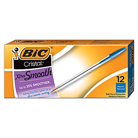 BIC® Cristal® Ballpoint Pens, Medium Point, 1.0 mm, Clear Barrel, Blue Ink, Pack Of 12