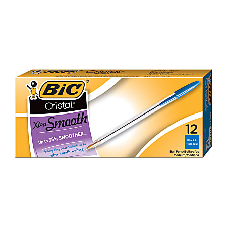BIC® Cristal® Ballpoint Pens, Medium Point, 1.0 mm, Clear Barrel, Blue Ink, Pack Of 12