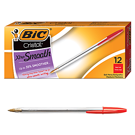 BIC Cristal Ballpoint Pens Medium Point 1.0 mm Clear Barrel Red Ink Pack Of  12 - Office Depot