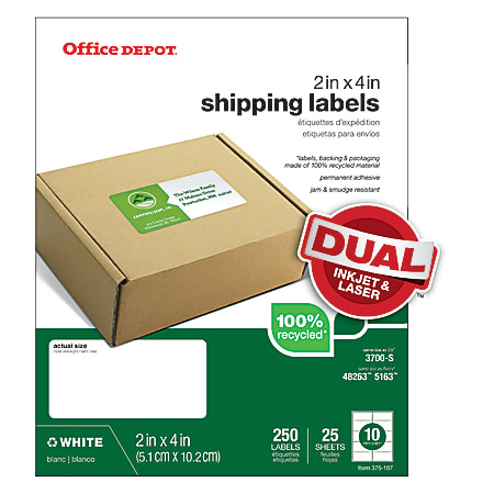 Office Depot® Brand 100% Recycled Mailing Labels, 505-O004-0030, Shipping, 2" x 4", White, Box Of 250