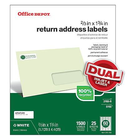 Office Depot® Brand 100% Recycled Mailing/Return Address Labels, 505-O004-0031, Rectangle, 2/3" x 1 3/4", White, Box Of 1,500