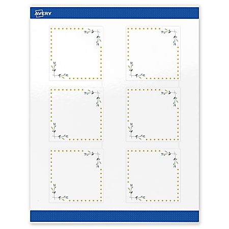 Avery® Print-To-The-Edge Labels & Sure Feed®, S00-DN6-PRWGP10, 3" x 3", Glossy White, Preprinted Green Floral & Gold Dots Design, Pack Of 60