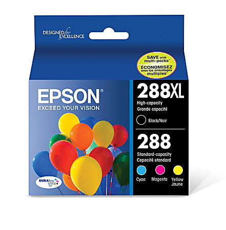 Epson® 288XL/288 DuraBrite® Ultra High-Yield Black And Cyan, Magenta, Yellow Ink Cartridges, Pack Of 4, T288XL-BCS