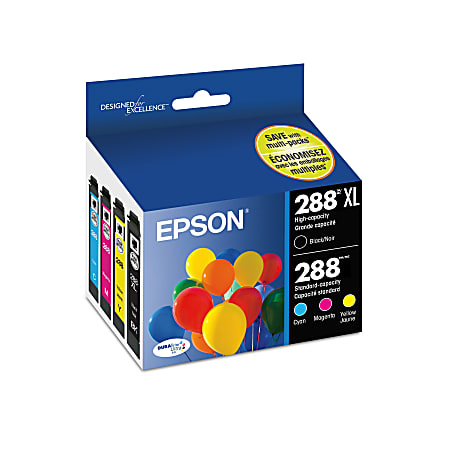 Epson® 288XL Black/288 DuraBrite® Cyan; Magenta; Yellow High-Yield/Standard Yield Ink Cartridges, Pack Of 4, T288XL-BCS