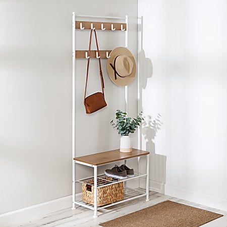 Honey Can Do Entryway Hall Tree With Bench And Shoe Storage, 68-15/16”H x 12-5/8”W x 27-9/16”D, White/Walnut