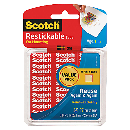 Scotch® Restickable Tabs, 1" x 1", Clear Squares, Pack Of 27