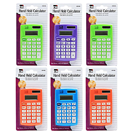 Charles Leonard Primary Dual-Powered 8-Digit Calculators, 3-3/4"H x 2-1/4"W x 19/50"D, Assorted Colors, Pack Of 6 Calculators