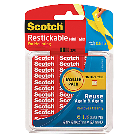 Scotch® Restickable Tabs, Mini, 1/2" x 1/2", Clear Squares, Pack Of 108