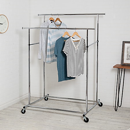Honey Can Do Dual Bar Adjustable Rolling Garment Rack 65 H x 32 W x 74 12 D Chrome ODP Business Solutions