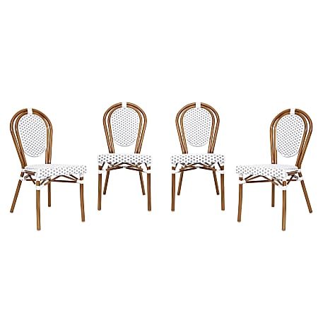 Flash Furniture 4 Pack Lourdes Indoor/Outdoor Commercial Thonet Bistro Stacking Chair, PE Rattan and Aluminum Frame, White & Gray/Natural Frame