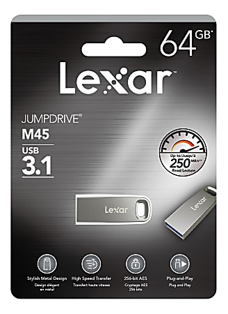 Lexar® JumpDrive® M45 USB 3.1 Flash Drive, 64GB, Silver, LJDM45-64GABSLNA