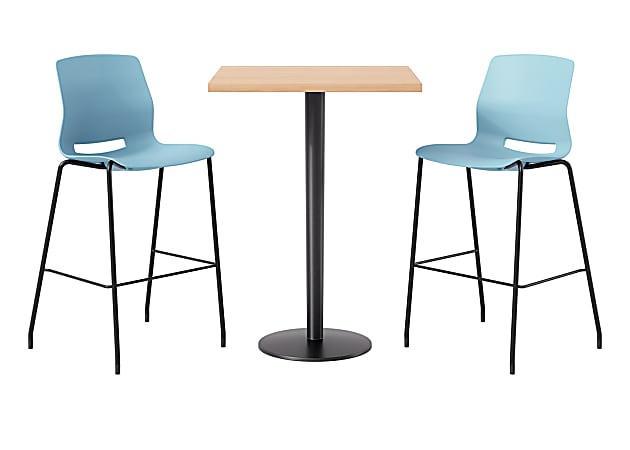 KFI Studios Proof Bistro Square Pedestal Table With Imme Bar Stools, Includes 4 Stools, 43-1/2”H x 36”W x 36”D, Designer White Top/Black Base/Sky Blue Chairs