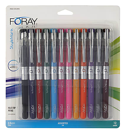 FORAY® Porous Point Pens, Fine Point, 0.5 mm, Silver Barrel, Assorted Ink Colors, Pack Of 12
