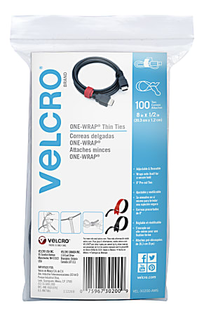 VELCRO® Brand ONE-WRAP® Thin Ties, 8" x 1/2", Assorted Colors, Pack Of 100 Ties