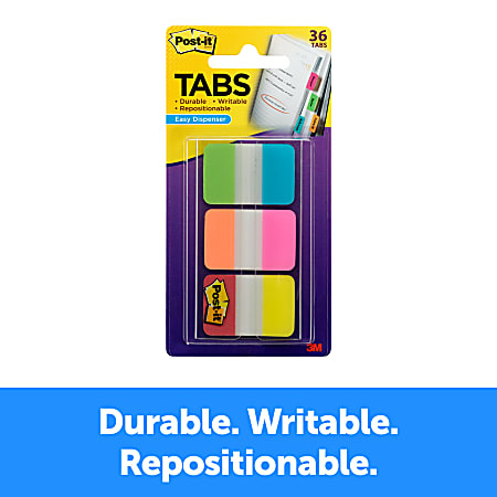 Post-it Tabs, 1 in Solid, Aqua, Yellow, Pink, Red, Green, Orange, 6/Color