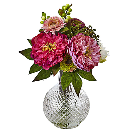 Nearly Natural 14"H Plastic Peony And Mum Arrangement With Glass Vase, Pink