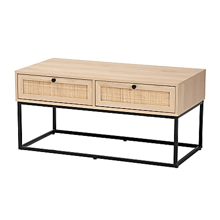 Baxton Studio Amelia Mid-Century Modern Transitional Wood And Rattan 2-Drawer Coffee Table, 18-15/16”H x 39-7/16”W x 19-3/4”D, Natural Brown/Natural