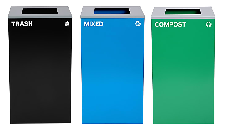 Alpine Industries Stainless-Steel Open Top Mixed, Compost And Trash Can Set, 30”H x 16-15/16”W x 16-15/16”D, Black/Blue/Green - ALP4450BLKKIT15