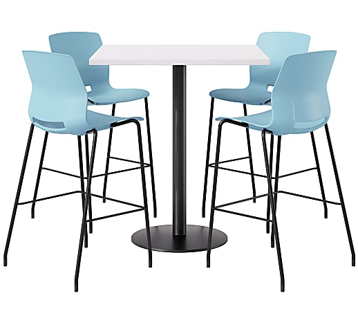 KFI Studios Proof Bistro Square Pedestal Table With Imme Bar Stools, Includes 4 Stools, 43-1/2”H x 36”W x 36”D, River Cherry Top/Black Base/Sky Blue Chairs