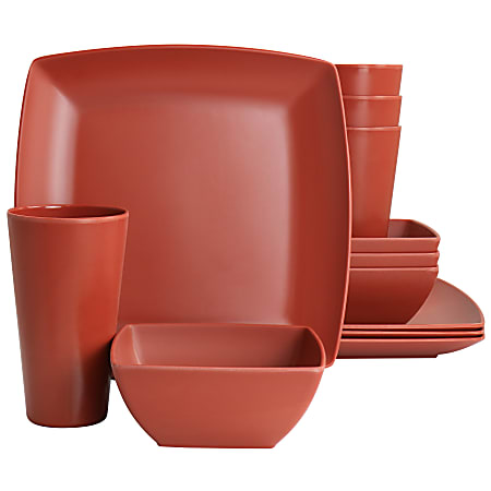 Gibson Home Grayson Melamine 12-Piece Square Dinnerware Set, Orange