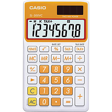 Casio SL300VC Simple Calculator - Independent Memory, Sign Change, Big Display - 8 Digits - Solar Powered - Orange