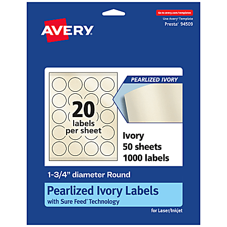 Avery® Pearlized Permanent Labels With Sure Feed®, 94509-PIP50, Round, 1-3/4" Diameter, Ivory, Pack Of 1,000 Labels