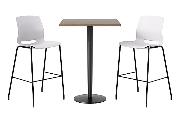 KFI Studios Proof Bistro Square Pedestal Table With Imme Bar Stools, Includes 4 Stools, 43-1/2”H x 30”W x 30”D, Studio Teak Top/Black Base/White Chairs
