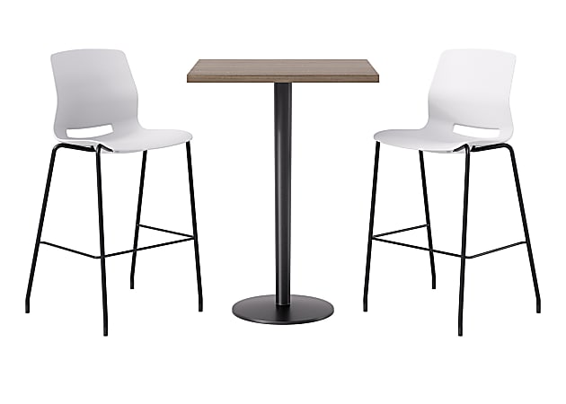KFI Studios Proof Bistro Square Pedestal Table, Includes 4 Stools, 43-1/2”H x 30”W x 30”D, Studio Teak Top/Black Base/White Chairs - 840031942180