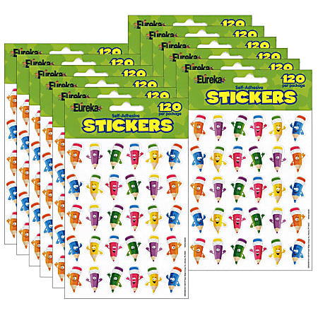Eureka Theme Stickers, Pencil Smiley Faces, 120 Stickers Per Pack, Set Of 12 Packs