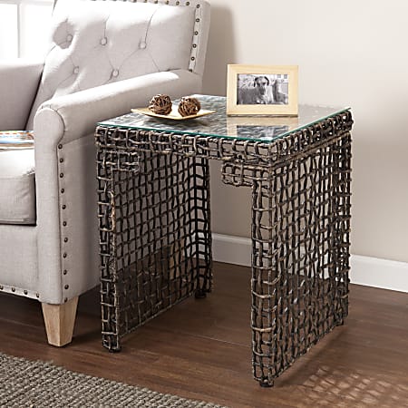 Southern Enterprises Loni Woven End Table, Square, Clear/Dark Blackwashed Brown