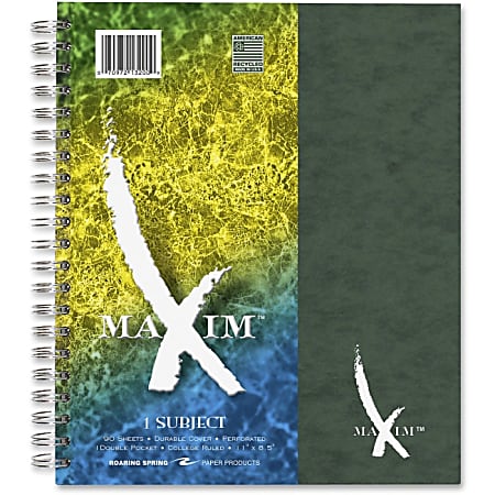 Roaring Spring Maxim 11"x9" 1-Subject Notebook - 90 Sheets - Printed - Wire Bound - Red Margin 9" x 11" - White Paper - Assorted Cover - Pressguard Cover - Subject, Micro Perforated, Easy Tear, Water Resistant, Durable - Recycled - 1 / Each