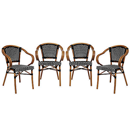 Flash Furniture 4 Pack Bordeaux Indoor/Outdoor Commercial Bistro Stacking Chair with Arms, Black & White/Natural Frame -4SDAS642142BKWN