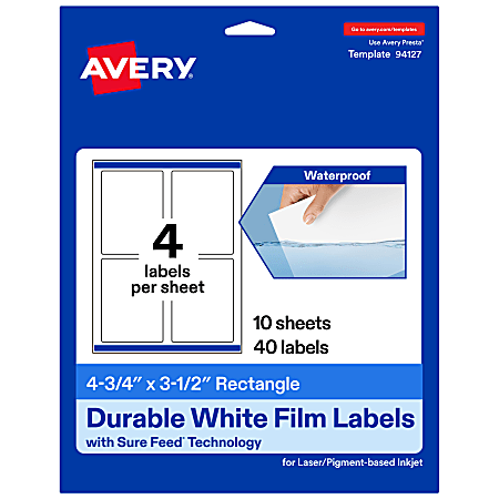 Avery® Waterproof Permanent Labels With Sure Feed®, 94127-WMF10, Rectangle, 4-3/4" x 3-1/2", White, Pack Of 40