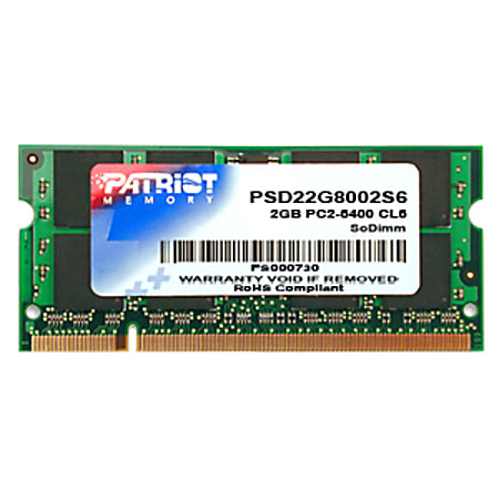 Patriot Signature DDR2 2GB CL6 PC2-6400 (800MHz) SODIMM - For Notebook - 2 GB (1 x 2GB) - DDR2-800/PC2-6400 DDR2 SDRAM - CL6 - 1.80 V - Non-ECC - Unbuffered - 200-pin - SoDIMM