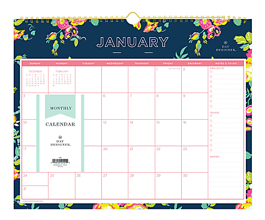 Day Designer® Monthly Wire-Bound Wall Calendar, 15" x 12", Peyton Navy, January To December 2021, 103627