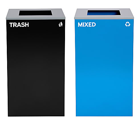 Alpine Industries Stainless-Steel Open Top Mixed Recycling And Trash Can Set With Square Lids, 29 Gallons, Black/Blue - ALP4450-BLK-KIT2