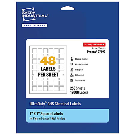 Avery® Ultra Duty® Permanent GHS Chemical Labels, 97197-WMUI250, Square, 1" x 1", White, Pack Of 12,000