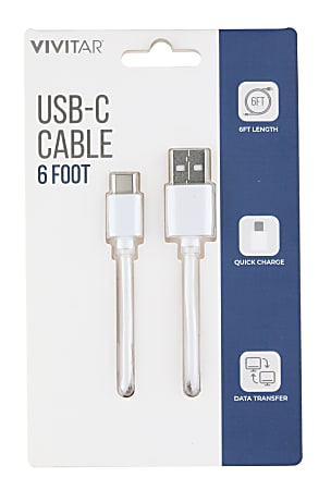 Vivitar USB-A To USB-C Cable, 6&#x27;, White, NIL4006-WHT-STK-24