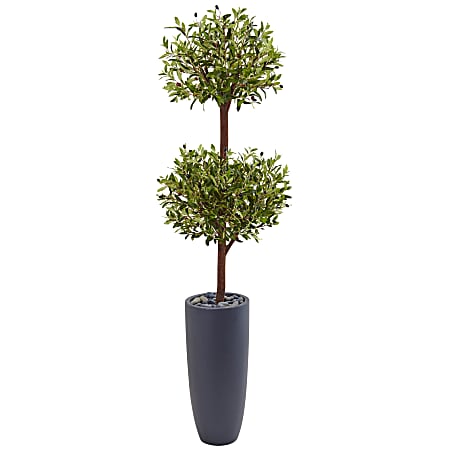Nearly Natural 6'H Polyester Olive Double Tree With Cylinder Planter, Green/Gray